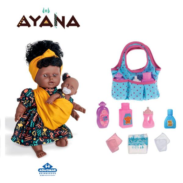 Imagem de Kit Boneca Ayana Negra Mãe e Filha Com Bolsinha Maternidade