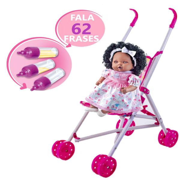 Imagem de Kit Boneca Baby Angelina Negra 62 Frases + Carrinho Passear