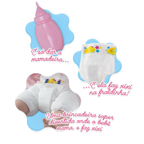 Kit Boneca Bebê Faz Xixi + Fralda Mamadeira Berço e Carrinho - Milk Brinquedo Imagem de Kit Boneca Bebê Faz Xixi + Fralda Mamadeira Berço e Carrinho