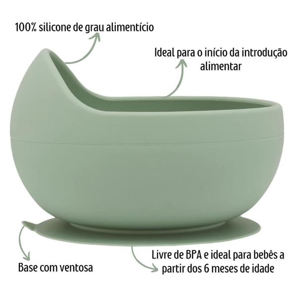 Imagem de Kit Bowl C/ Ventosa Babador Pega Migalhas E Talheres Em Bambu E Silicone Verde Buba