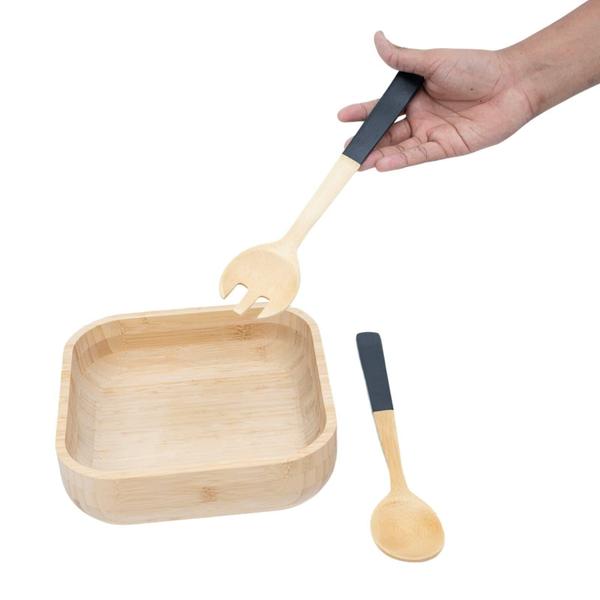 Imagem de Kit Bowl De Bambu E Utensílios Para Salada 3 Pç Preto -Oikos