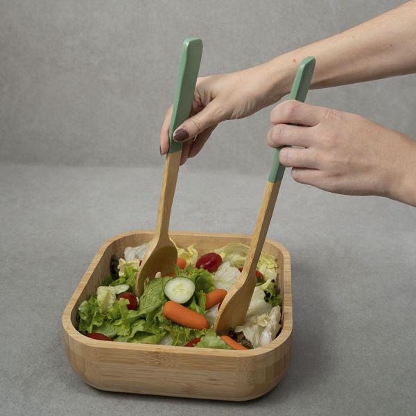 Imagem de Kit bowl de bambu e utensílios para salada 3 pç verde -Oikos