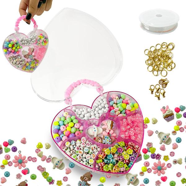 Imagem de Kit box coração com letras bolinhas flor coração pingente para montar pulseiras aprox. 530 pçs