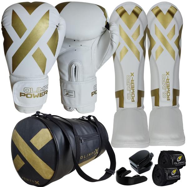 Imagem de Kit Boxe Muay Thai Branco + Bolsa + Bandagem + Bucal Olimpo Esportes