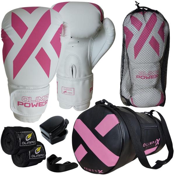 Imagem de Kit Boxe Muay Thai Luva + Bandagem + Bucal + Bolsa Branco