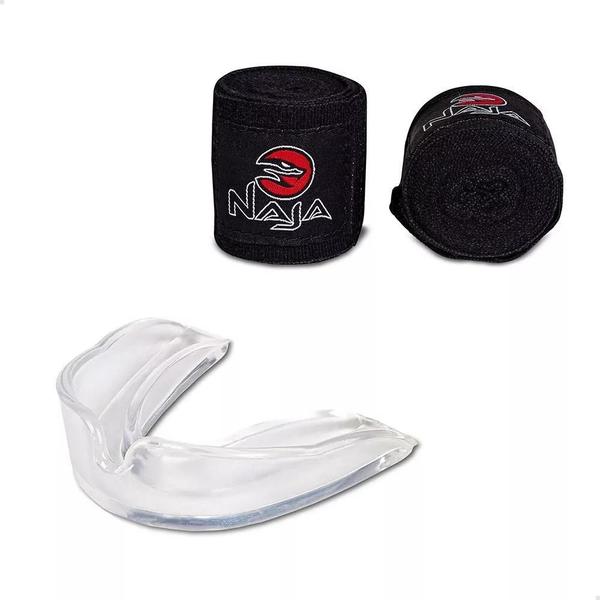 Imagem de Kit Boxe Muay Thai Naja Black Line + Luva + Bandagem + Bucal