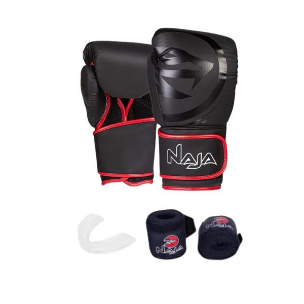 Kit Boxe Muay Thai Naja Black Line + Luva + Bandagem + Bucal Imagem de Kit Boxe Muay Thai Naja Black Line + Luva + Bandagem + Bucal