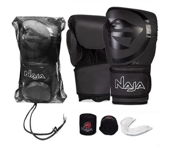 Imagem de Kit Boxe Muay Thai Naja Black Line + Luva + Bandagem + Bucal