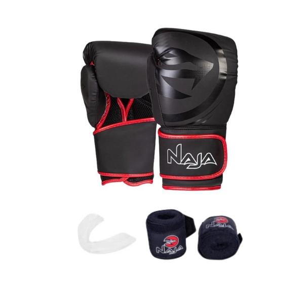 Imagem de Kit Boxe Muay Thai Naja Black Line + Luva + Bandagem + Bucal