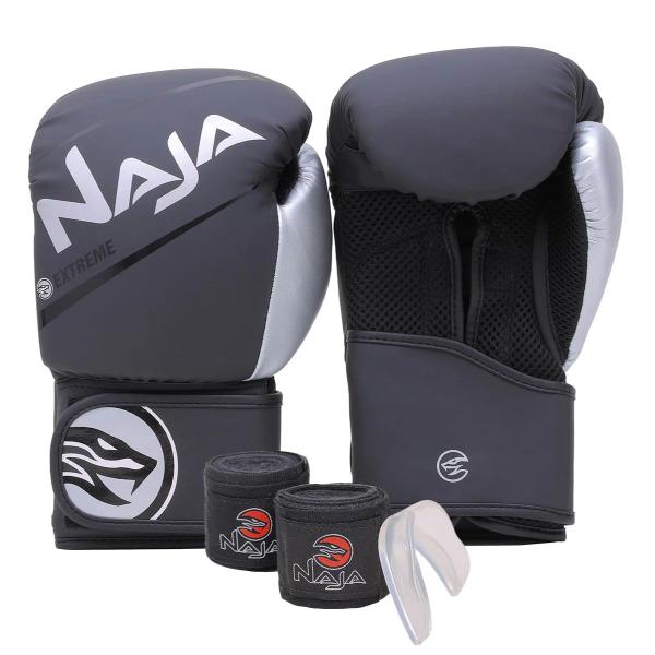 Imagem de Kit Boxe Naja Extreme: Luva + Bandagem + Bucal - Prata