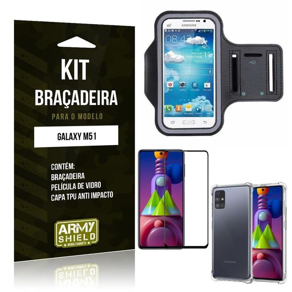 Imagem de Kit Braçadeira Galaxy M51 Braçadeira + Capinha Anti Impacto + Película de Vidro 3D - Armyshield