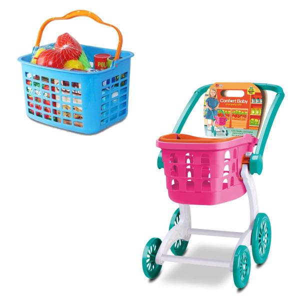 Imagem de Kit Brinquedo Carrinho de Compras + Cestinha de Feirinha