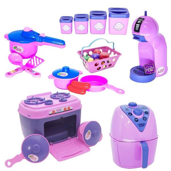 Imagem de Kit Brinquedo Cozinha Menina Rosa Fogão Mercado Café 29Pç