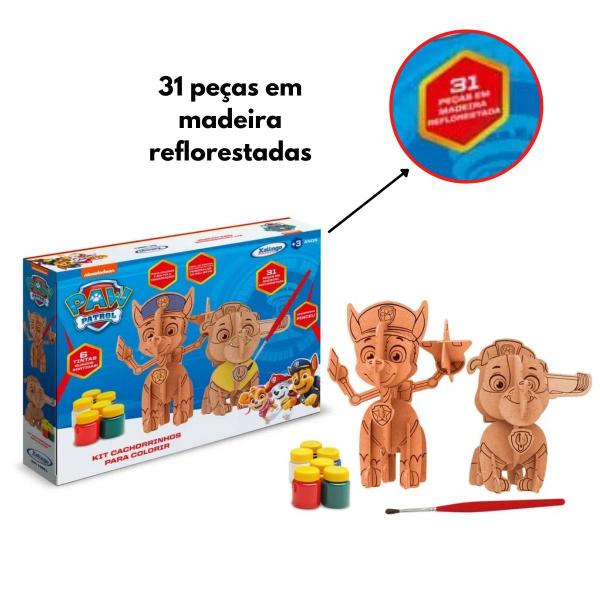 Imagem de Kit Brinquedo de Montar Cachorrinhos de Madeira para Colorir Patrulha Canina Com Pincel e 6 Tintas Xalingo - 1392.1