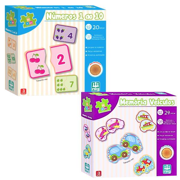 Imagem de Kit Brinquedo Educativo Infantil Numeros 1 Ao 10 Madeira E Jogo Da Memoria Veículos Nig Brinquedos