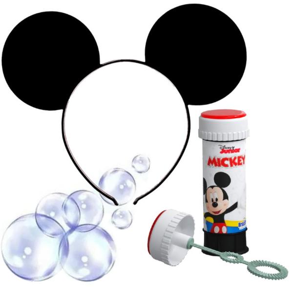 Imagem de Kit Brinquedo Fazer Bolhas de Sabão Infantil + Arco de Orelhas Mickey