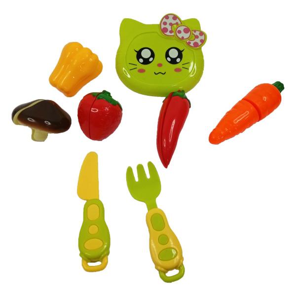 Imagem de Kit Brinquedo Frutas e Legumes tiras autocolantes + Talheres,Tabua E Frigideira