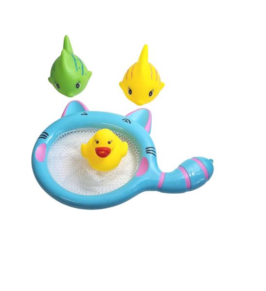 Imagem de kit Brinquedo Infantil de banho Pega Peixe com rede gatinho