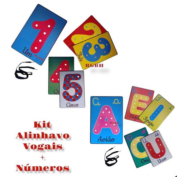 Imagem de Kit Brinquedo Pedagógico Madeira Alinhavo Vogais + Numerais