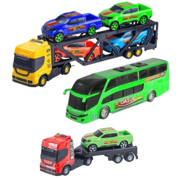 Imagem de Kit Brinquedos Infantil Caminhão Reboque Com 1 Caminhonete, 1 Mini Ônibus e 1 Cegonheira