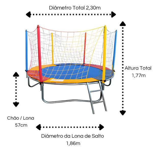 Imagem de Kit Brinquedos Playground Cama Elástica Média Pula Pula Trampolim 2,30m + Gangorra Infantil 1 Lugar