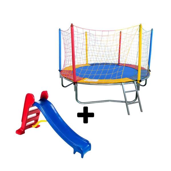 Imagem de Kit Brinquedos Playground Cama Elástica Pequena Pula Pula Trampolim 2,30m + Escorregador Infantil Médio 3 Degraus