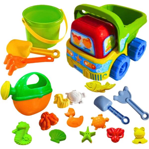 Imagem de Kit Brinquedos Praia Completo Caminhão Basculante + Baldinho Areia + Regador Infantil Água + Forminhas Coloridas Diversão Crianças Piscina Presente Meninos Meninas