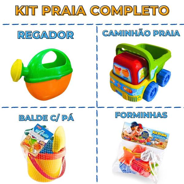 Imagem de Kit Brinquedos Praia Completo Caminhão Basculante + Baldinho Areia + Regador Infantil Água + Forminhas Coloridas Diversão Crianças Piscina Presente Meninos Meninas