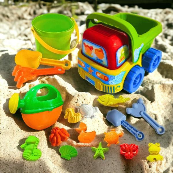 Imagem de Kit Brinquedos Praia Completo Caminhão Basculante + Baldinho Areia + Regador Infantil Água + Forminhas Coloridas Diversão Crianças Piscina Presente Meninos Meninas