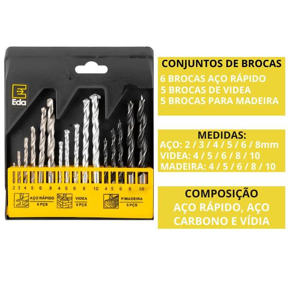 Imagem de Kit Brocas De Videa, Aço E Madeira Jogo C/ 16 Pcs reforçadas