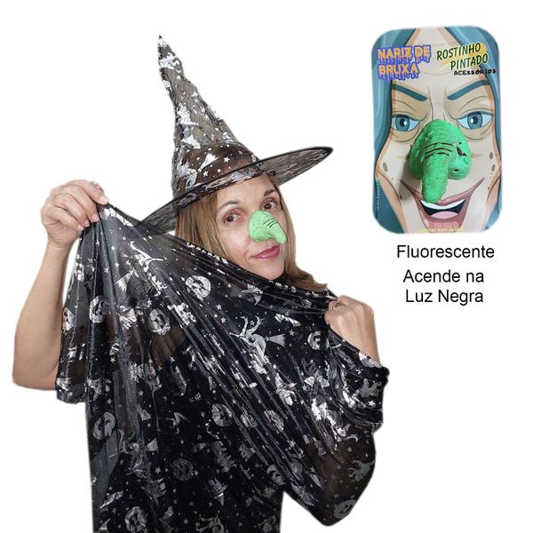 Imagem de Kit Bruxa Fantasia Halloween Adulto: Capa + Chapéu + Nariz com Opção Brilha no Escuro + 6 Potinhos Glitter Sortidos