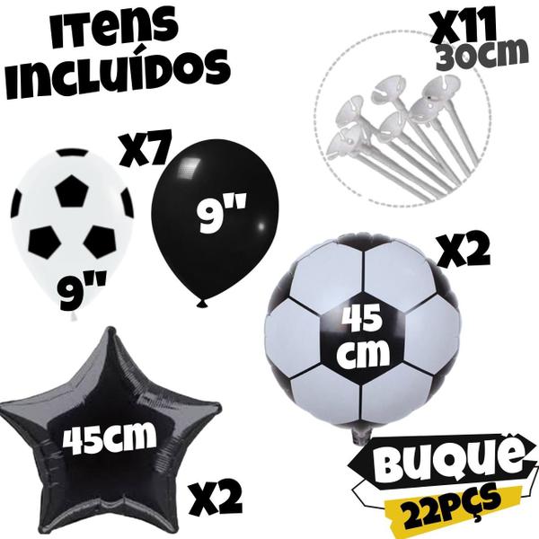 Imagem de Kit Buquê Balão Bola De Futebol 45cm + Estrelas Metalizado 45cm + Balões Látex 9 Pol+ Varetas Pega Balão - Kit 22pçs