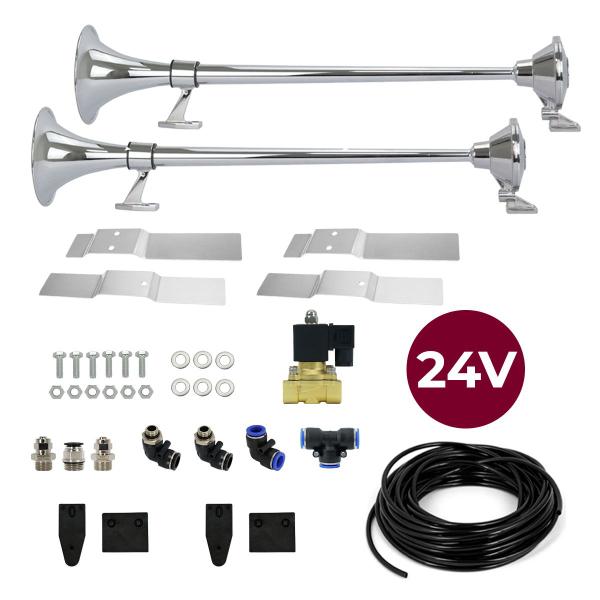 Imagem de Kit Buzina Maritima 74cm 12mm 12v/24v Suporte Tubo Completo Caminhão Linha Pesada