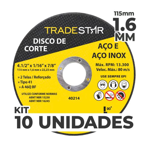 Imagem de Kit c/ 10 Disco de Corte Metal 4.1/2" 115x1,6 mm