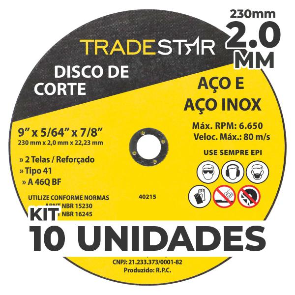 Imagem de Kit c/ 10 Disco de Corte Metal 9" 230x2,0 mm Furo 22/23 mm