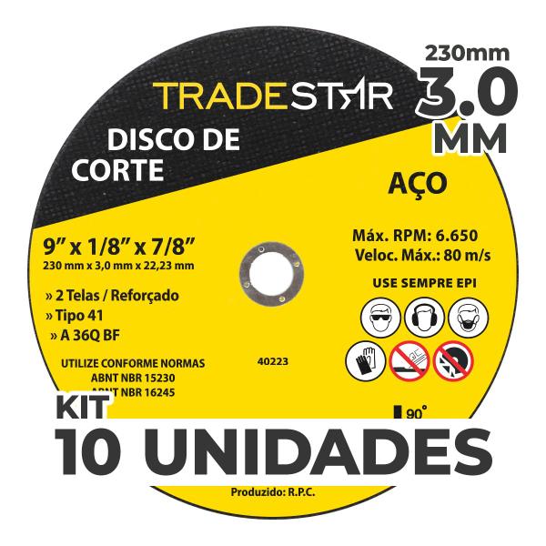 Imagem de Kit c/ 10 Disco de Corte Metal 9" 230x3,0 mm Furo 22/23 mm