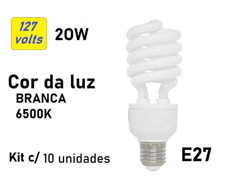 Imagem de Kit C/10 Lâmpadas Compacta Espiral 20W 127V E27 Branco Frio