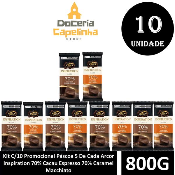 Imagem de Kit C/10 Promocional Páscoa 5 De Cada Arcor Inspiration 70% Cacau Espresso 70% Caramel Macchiato