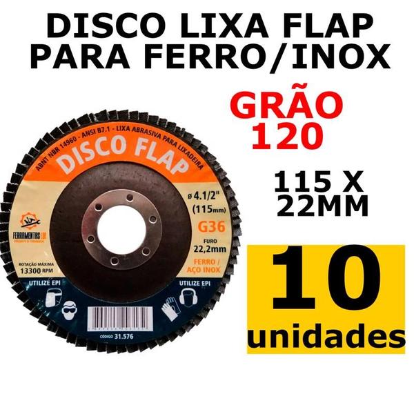 Imagem de Kit c/ 10 unidades lixa flap disc ferro/aço inox 115x22mm grão 120 ldi