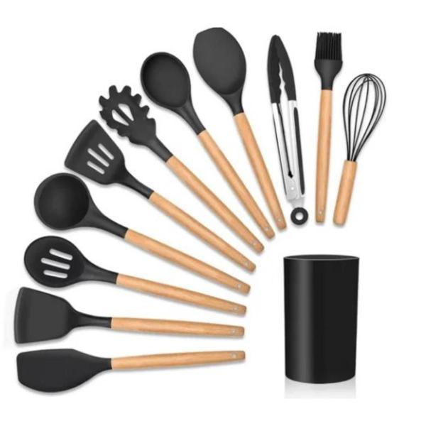 Imagem de Kit C/12 Utensílios De Cozinha Silicone Cabo Madeira