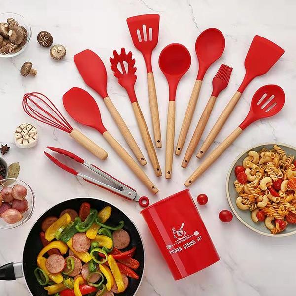 Imagem de Kit C/12 Utensílios De Cozinha Silicone Cabo Madeira