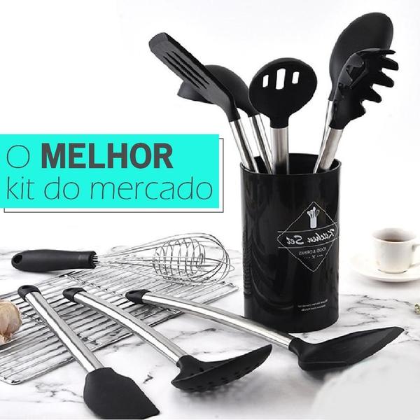 Imagem de Kit C/12 Utensílios De Cozinha Silicone Cabo Madeira