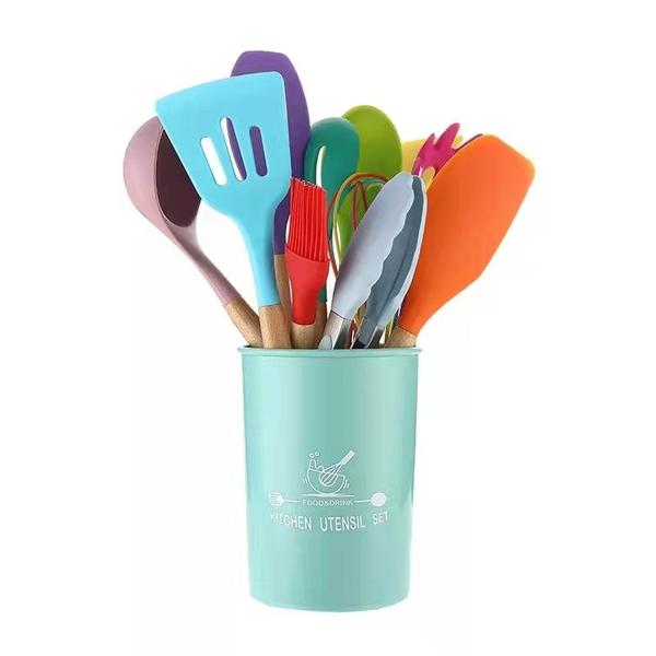 Imagem de Kit C/12 Utensílios De Cozinha Silicone Cabo Madeira