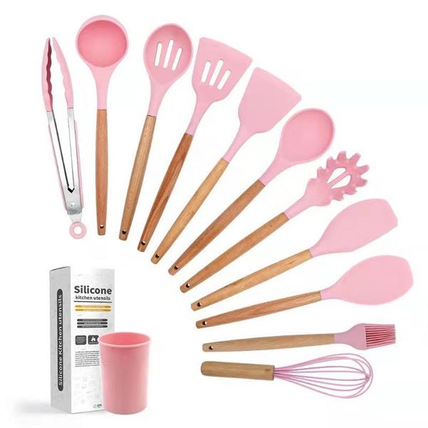 Imagem de Kit C/12 Utensílios De Cozinha Silicone Cabo Madeira