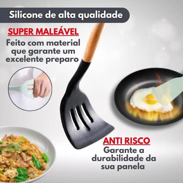 Imagem de Kit C/12 Utensílios De Cozinha Silicone Cabo Madeira