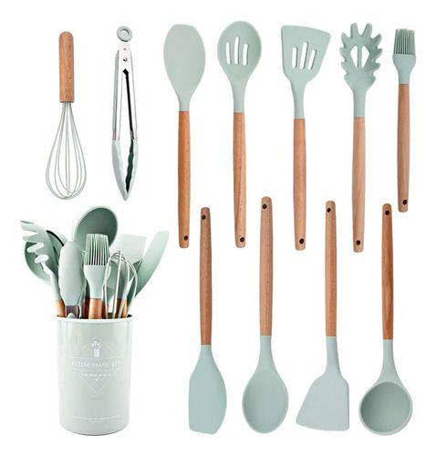 Imagem de Kit C/12 Utensílios De Cozinha Silicone Cabo Madeira Suporte