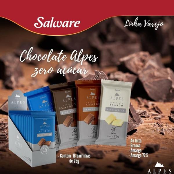 Kit c/ 12un Chocolate Salware Alpes Branco Zero Açúcar 20g Imagem de Kit c/ 12un Chocolate Salware Alpes Branco Zero Açúcar 20g