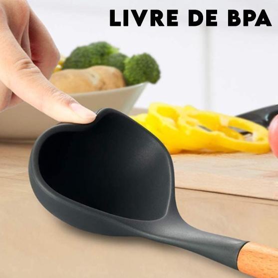 Imagem de Kit C/13 Peças Utensílios De Cozinha Colheres Espatula Silicone Cabo Madeira Decoração Livre PRETO