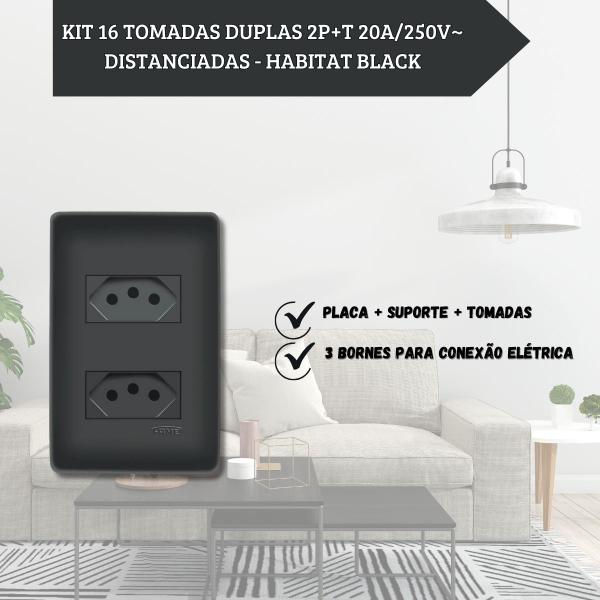 Imagem de Kit c/ 16 Tomadas Preta 2P+T Distanciadas 20A/250V Com Placa Habitat Black - Fame