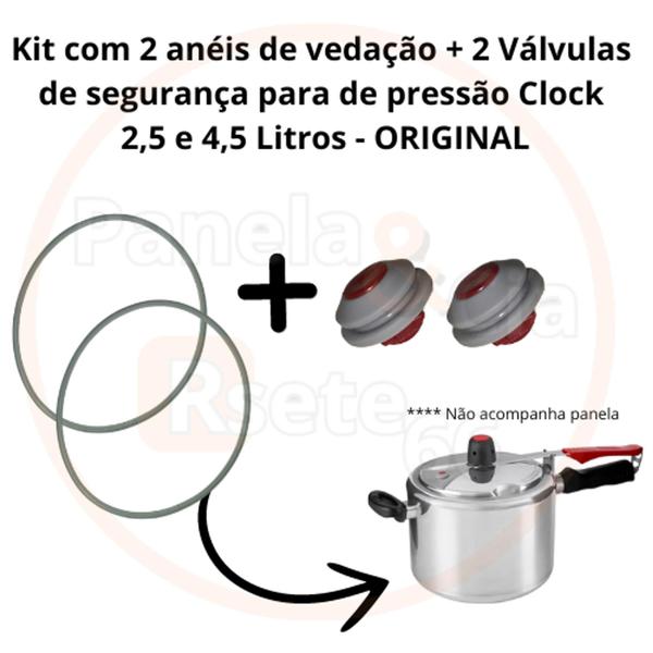 Imagem de Kit c/ 2 Aneis de vedação + 2 válvulas de segurança para panela de pressão Clock 2,5 - 4,5 ORIGINAL